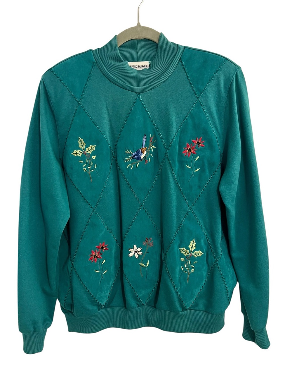 Vintage Alfred Dunner Teal Crewneck with Embroidered Floral & Bird Motifs